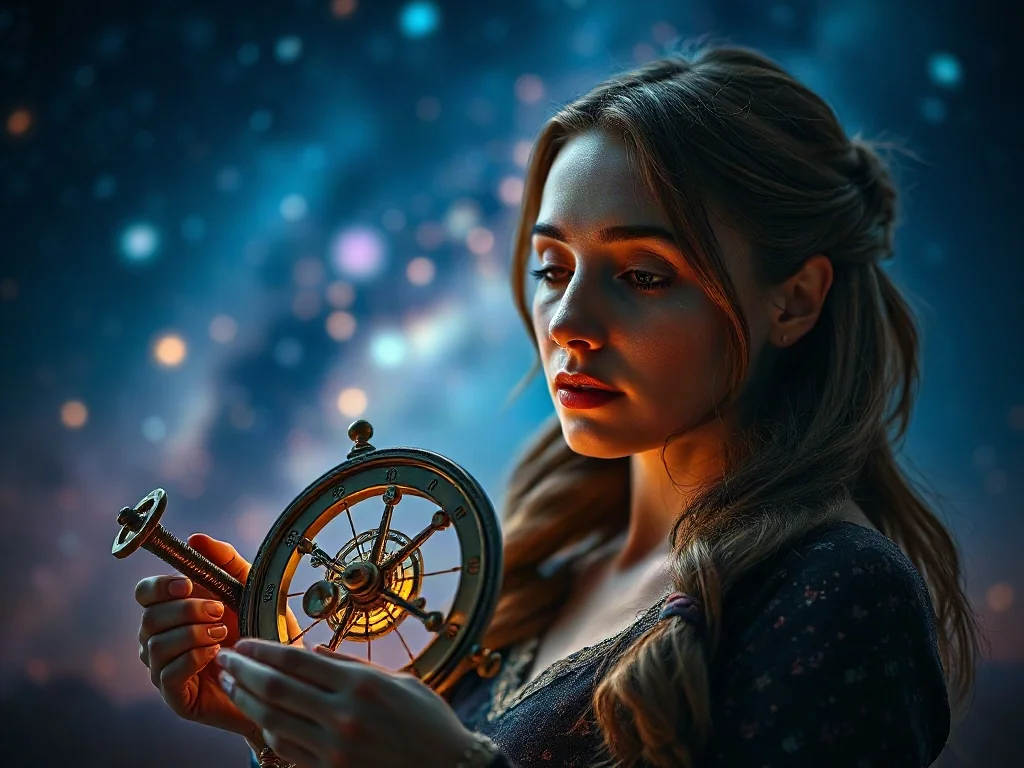 Kobieta trzymająca zabytkowy astrolabium na tle rozgwieżdżonego nieba, symbolizująca proces obliczania ascendentu.