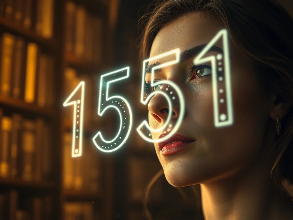Kobieta zamyślona nad unoszącą się w powietrzu, świetlistą liczbą 1551 w klimacie mistycznej biblioteki.
