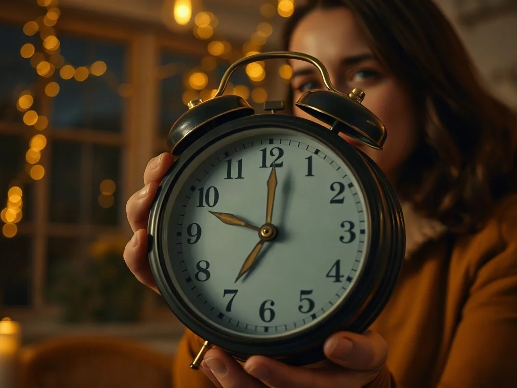 Zegarek analogowy wskazujący godzinę 20:20 trzymany w dłoniach na tle przytulnego, wieczornego wnętrza.