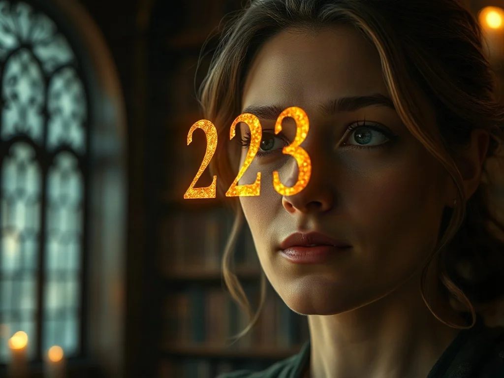 Kobieta zamyślona nad unoszącą się w powietrzu złotą liczbą 2323 w klimatycznej bibliotece, symbolizującą przekaz numerologiczny.