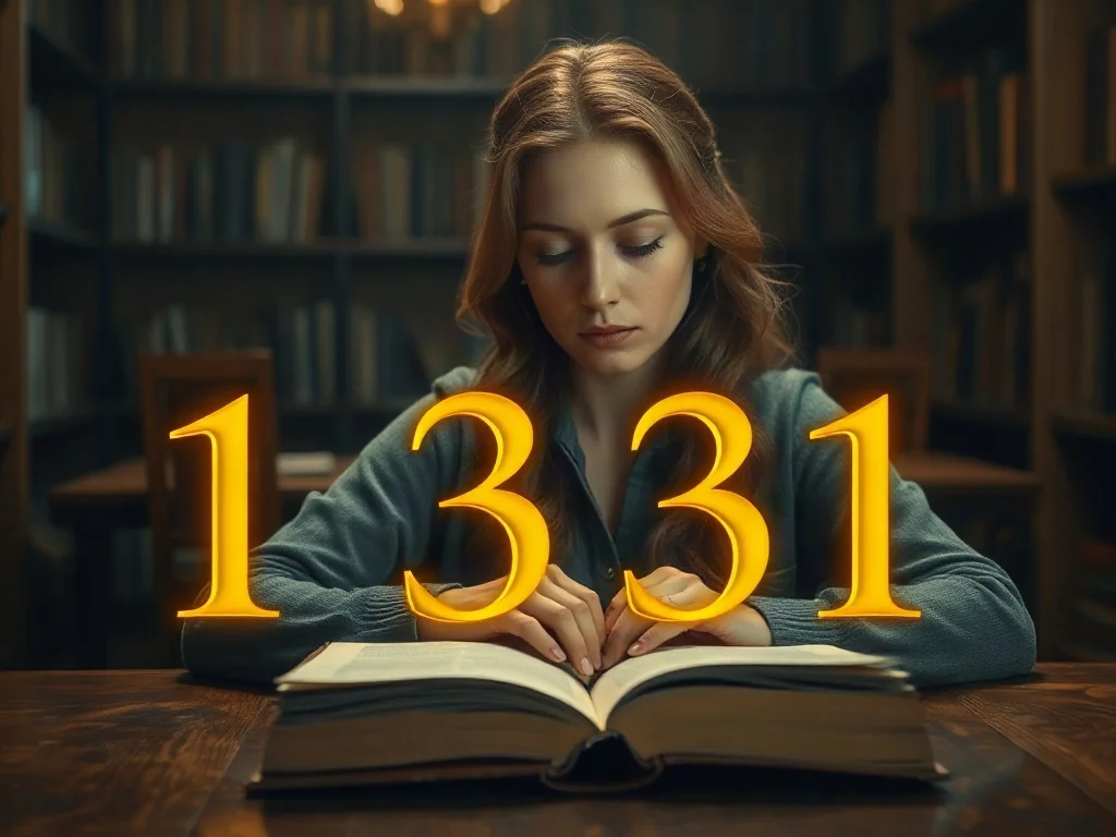 Kobieta w bibliotece czytająca starą księgę, wokół której unoszą się złote, świecące cyfry 1331.